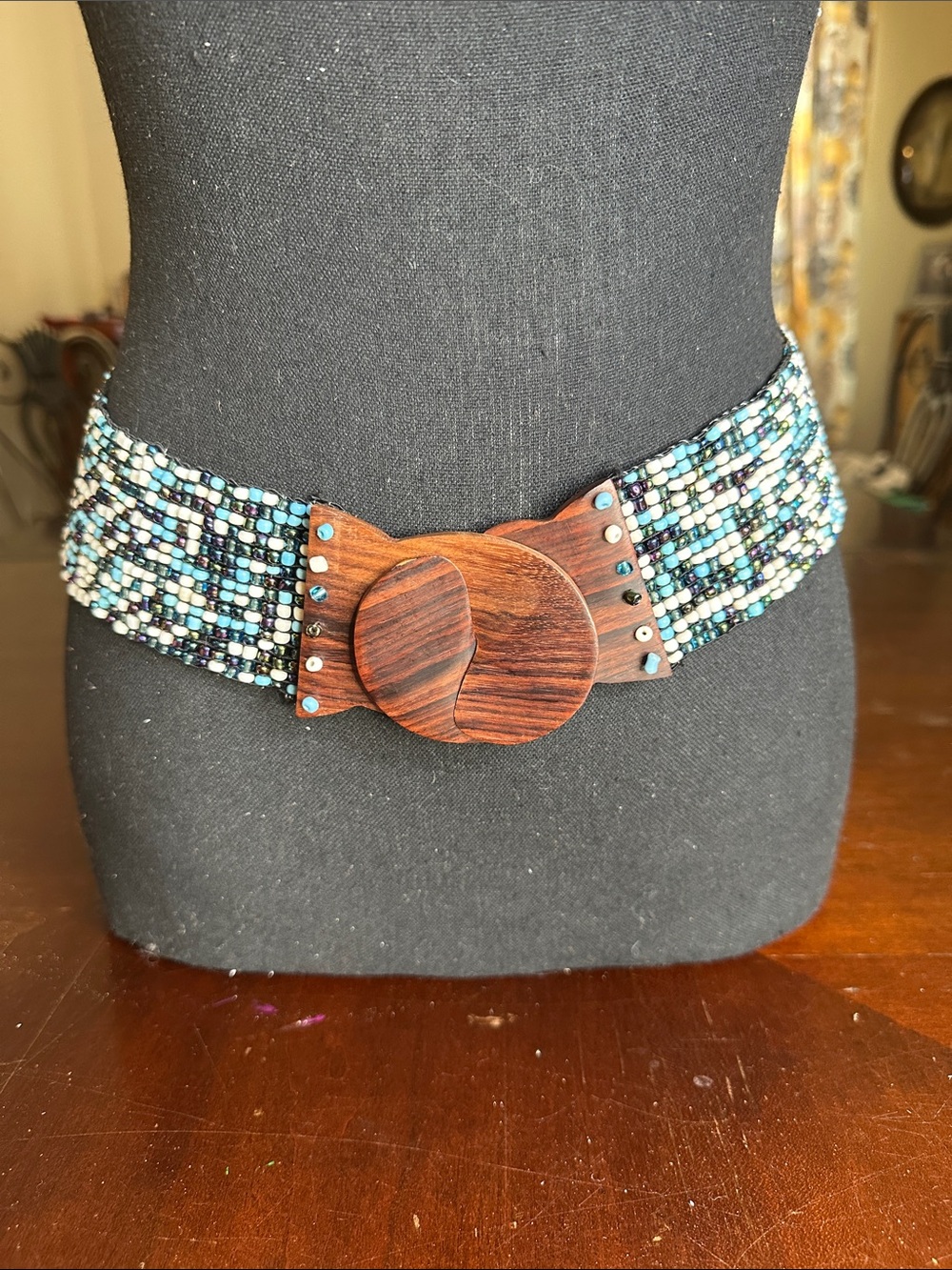 Woven Seed Bead Stretch Belt with Wooden Buckle - Blue & White